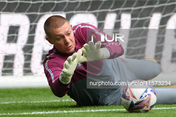 Ethan Horvath, Cardiff City goalkeeper, warms up ahead of kick-off during the Sky Bet Championship match between Derby County and Cardiff Ci...