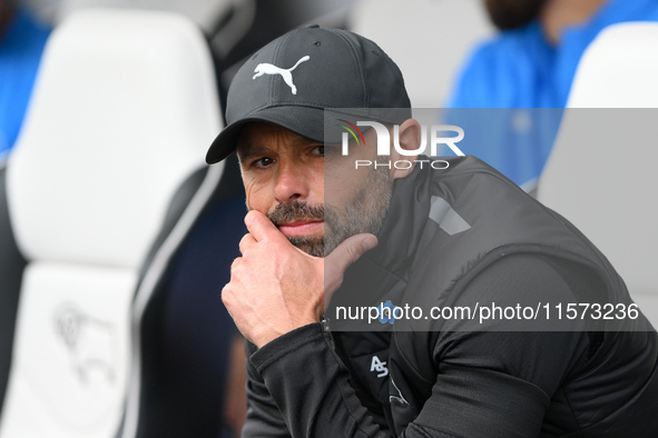 Derby manager, Paul Warne, during the Sky Bet Championship match between Derby County and Cardiff City at Pride Park in Derby, England, on S...