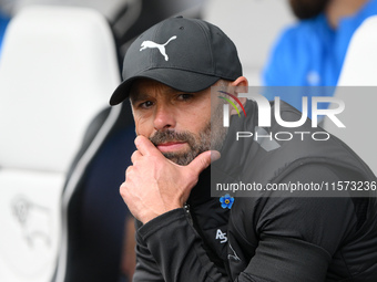 Derby manager, Paul Warne, during the Sky Bet Championship match between Derby County and Cardiff City at Pride Park in Derby, England, on S...