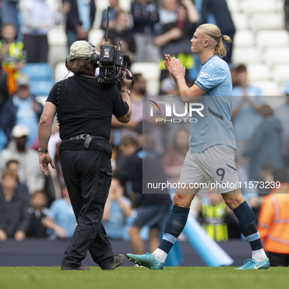 Erling Haaland #9 of Manchester City F.C. applauds at full time during the Premier League match between Manchester City and Brentford at the...