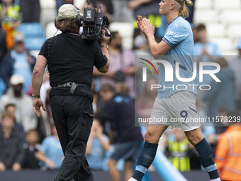 Erling Haaland #9 of Manchester City F.C. applauds at full time during the Premier League match between Manchester City and Brentford at the...