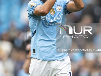 During the Premier League match between Manchester City and Brentford at the Etihad Stadium in Manchester, England, on September 14, 2024. (