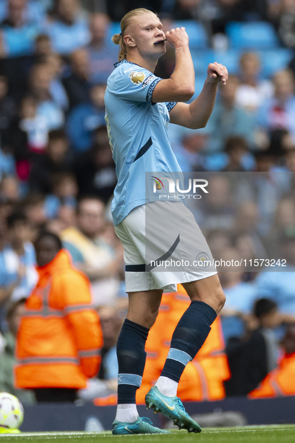 Erling Haaland #9 of Manchester City F.C. during the Premier League match between Manchester City and Brentford at the Etihad Stadium in Man...