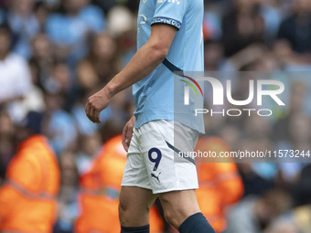 Erling Haaland #9 of Manchester City F.C. during the Premier League match between Manchester City and Brentford at the Etihad Stadium in Man...