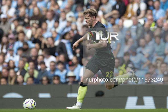 Nathan Collins #22 of Brentford F.C. during the Premier League match between Manchester City and Brentford at the Etihad Stadium in Manchest...