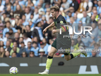 Nathan Collins #22 of Brentford F.C. during the Premier League match between Manchester City and Brentford at the Etihad Stadium in Manchest...