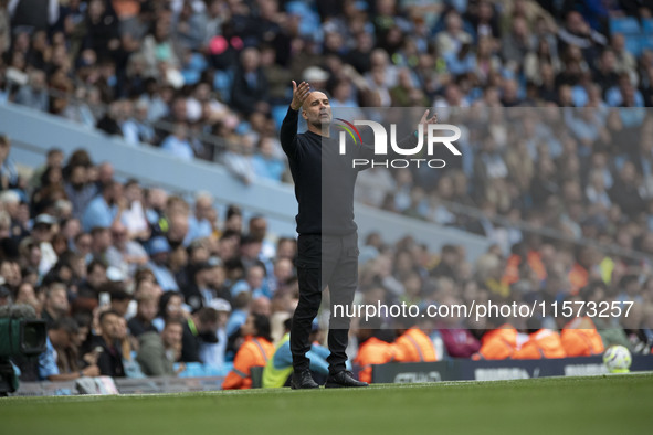 Manchester City F.C. manager Pep Guardiola gesticulates during the Premier League match between Manchester City and Brentford at the Etihad...