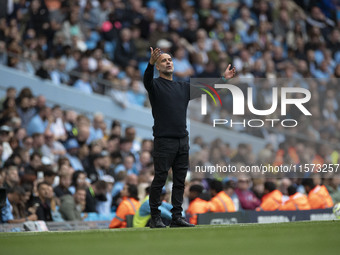 Manchester City F.C. manager Pep Guardiola gesticulates during the Premier League match between Manchester City and Brentford at the Etihad...