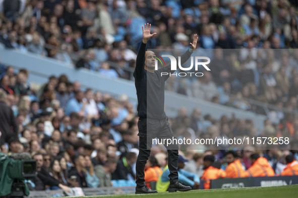 Manchester City F.C. manager Pep Guardiola gesticulates during the Premier League match between Manchester City and Brentford at the Etihad...