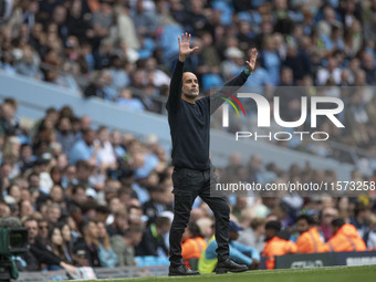 Manchester City F.C. manager Pep Guardiola gesticulates during the Premier League match between Manchester City and Brentford at the Etihad...