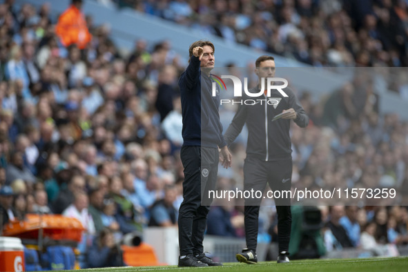 Brentford F.C. manager Thomas Franks gesticulates during the Premier League match between Manchester City and Brentford at the Etihad Stadiu...