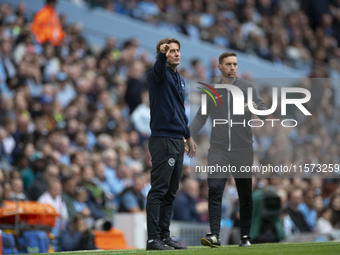 Brentford F.C. manager Thomas Franks gesticulates during the Premier League match between Manchester City and Brentford at the Etihad Stadiu...