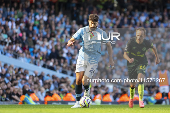 Josko Gvardiol #24 of Manchester City F.C. during the Premier League match between Manchester City and Brentford at the Etihad Stadium in Ma...