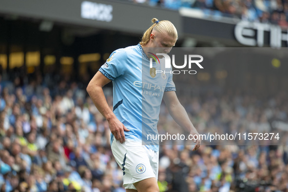 Erling Haaland #9 of Manchester City F.C. during the Premier League match between Manchester City and Brentford at the Etihad Stadium in Man...