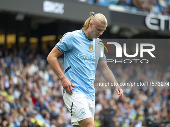 Erling Haaland #9 of Manchester City F.C. during the Premier League match between Manchester City and Brentford at the Etihad Stadium in Man...