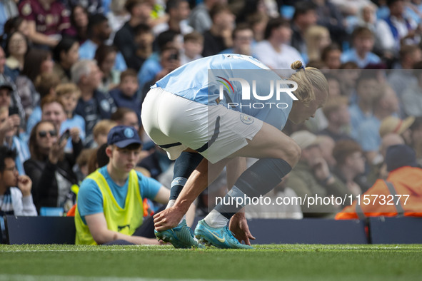 Erling Haaland #9 of Manchester City F.C. during the Premier League match between Manchester City and Brentford at the Etihad Stadium in Man...