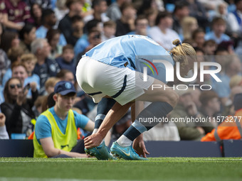 Erling Haaland #9 of Manchester City F.C. during the Premier League match between Manchester City and Brentford at the Etihad Stadium in Man...