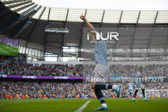 Erling Haaland #9 of Manchester City F.C. celebrates his goal during the Premier League match between Manchester City and Brentford at the E...