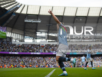 Erling Haaland #9 of Manchester City F.C. celebrates his goal during the Premier League match between Manchester City and Brentford at the E...