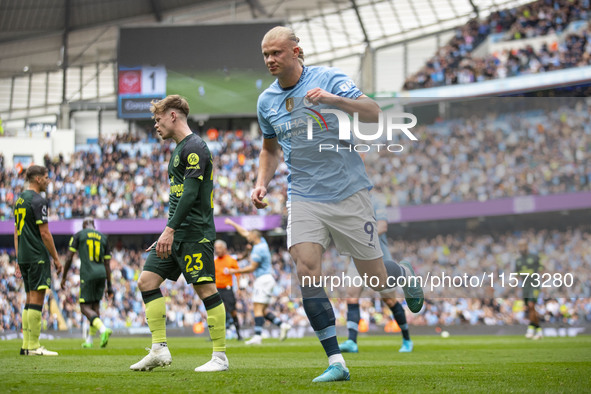 Erling Haaland #9 of Manchester City F.C. celebrates his goal during the Premier League match between Manchester City and Brentford at the E...