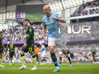 Erling Haaland #9 of Manchester City F.C. celebrates his goal during the Premier League match between Manchester City and Brentford at the E...