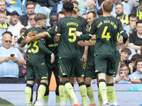 Brentford F.C. celebrate the goal during the Premier League match between Manchester City and Brentford at the Etihad Stadium in Manchester,...