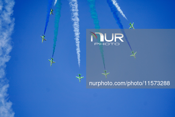 Royal Saudi Air Force aircraft fly in formation during a demonstration at the Athens Flying Show in Tanagra, Greece, on September 14, 2024. 