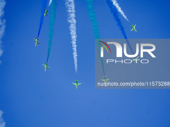 Royal Saudi Air Force aircraft fly in formation during a demonstration at the Athens Flying Show in Tanagra, Greece, on September 14, 2024....