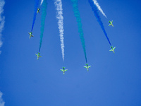 Royal Saudi Air Force aircraft fly in formation during a demonstration at the Athens Flying Show in Tanagra, Greece, on September 14, 2024....