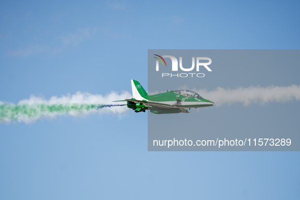 Royal Saudi Air Force aircraft fly in formation during a demonstration at the Athens Flying Show in Tanagra, Greece, on September 14, 2024. 