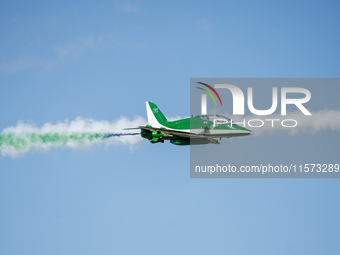 Royal Saudi Air Force aircraft fly in formation during a demonstration at the Athens Flying Show in Tanagra, Greece, on September 14, 2024....