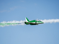 Royal Saudi Air Force aircraft fly in formation during a demonstration at the Athens Flying Show in Tanagra, Greece, on September 14, 2024....