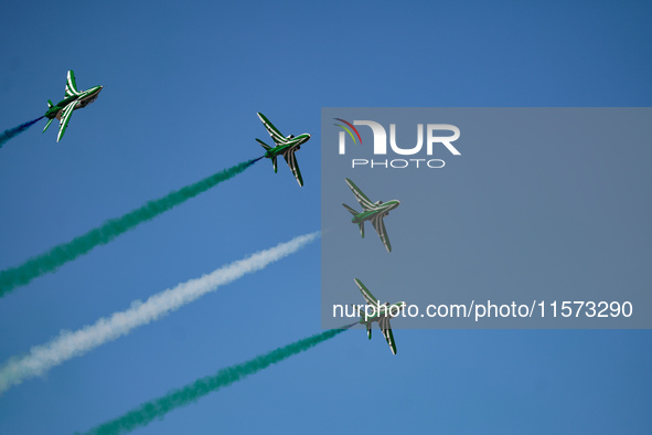 Royal Saudi Air Force aircraft fly in formation during a demonstration at the Athens Flying Show in Tanagra, Greece, on September 14, 2024. 