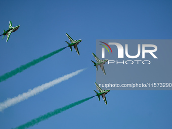 Royal Saudi Air Force aircraft fly in formation during a demonstration at the Athens Flying Show in Tanagra, Greece, on September 14, 2024....