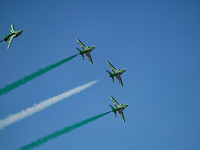 Royal Saudi Air Force aircraft fly in formation during a demonstration at the Athens Flying Show in Tanagra, Greece, on September 14, 2024....