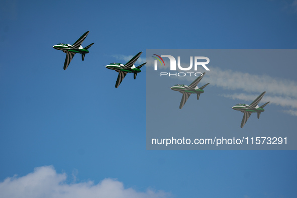 Royal Saudi Air Force aircraft fly in formation during a demonstration at the Athens Flying Show in Tanagra, Greece, on September 14, 2024. 