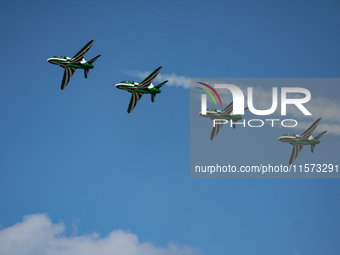 Royal Saudi Air Force aircraft fly in formation during a demonstration at the Athens Flying Show in Tanagra, Greece, on September 14, 2024....