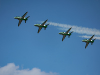 Royal Saudi Air Force aircraft fly in formation during a demonstration at the Athens Flying Show in Tanagra, Greece, on September 14, 2024....