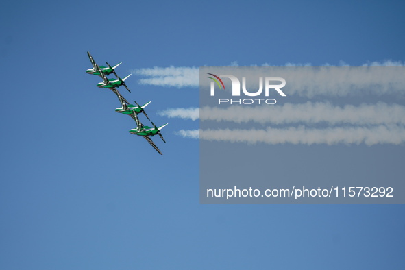 Royal Saudi Air Force aircraft fly in formation during a demonstration at the Athens Flying Show in Tanagra, Greece, on September 14, 2024. 