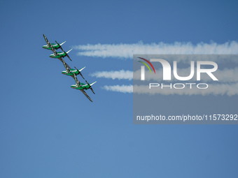 Royal Saudi Air Force aircraft fly in formation during a demonstration at the Athens Flying Show in Tanagra, Greece, on September 14, 2024....