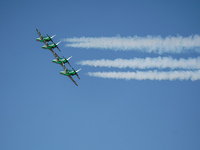 Royal Saudi Air Force aircraft fly in formation during a demonstration at the Athens Flying Show in Tanagra, Greece, on September 14, 2024....