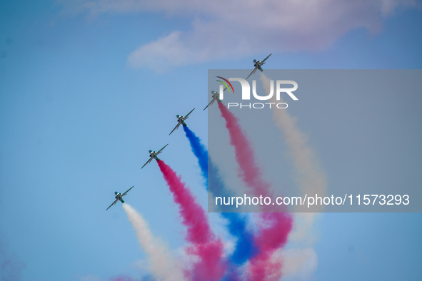 Royal Saudi Air Force aircraft fly in formation during a demonstration at the Athens Flying Show in Tanagra, Greece, on September 14, 2024. 