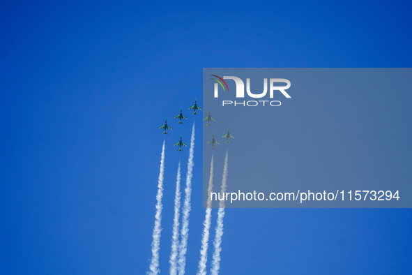 Royal Saudi Air Force aircraft fly in formation during a demonstration at the Athens Flying Show in Tanagra, Greece, on September 14, 2024. 