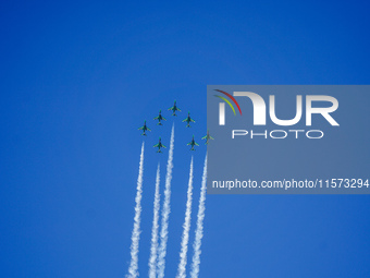 Royal Saudi Air Force aircraft fly in formation during a demonstration at the Athens Flying Show in Tanagra, Greece, on September 14, 2024....