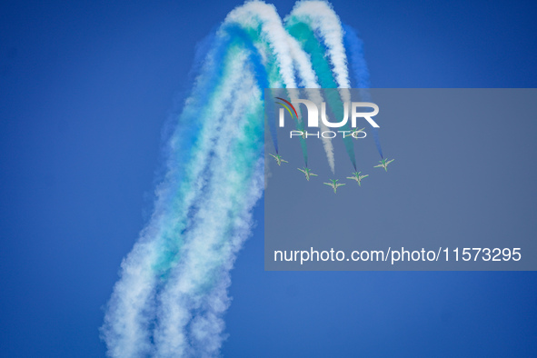 Royal Saudi Air Force aircraft fly in formation during a demonstration at the Athens Flying Show in Tanagra, Greece, on September 14, 2024. 