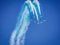 Royal Saudi Air Force aircraft fly in formation during a demonstration at the Athens Flying Show in Tanagra, Greece, on September 14, 2024....