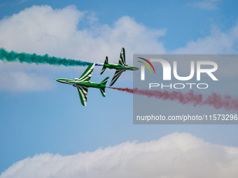 Royal Saudi Air Force aircraft fly in formation during a demonstration at the Athens Flying Show in Tanagra, Greece, on September 14, 2024....