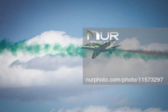 Royal Saudi Air Force aircraft fly in formation during a demonstration at the Athens Flying Show in Tanagra, Greece, on September 14, 2024. 