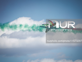 Royal Saudi Air Force aircraft fly in formation during a demonstration at the Athens Flying Show in Tanagra, Greece, on September 14, 2024....