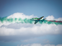 Royal Saudi Air Force aircraft fly in formation during a demonstration at the Athens Flying Show in Tanagra, Greece, on September 14, 2024....